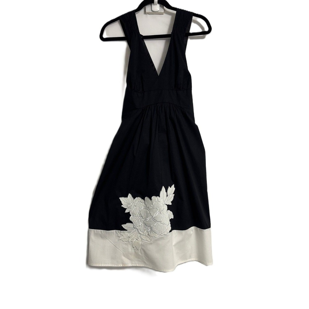 R&K Originals Halter Dress 10 Black White Floral Embroidered V-Neck Chic Retro - Picture 2 of 13
